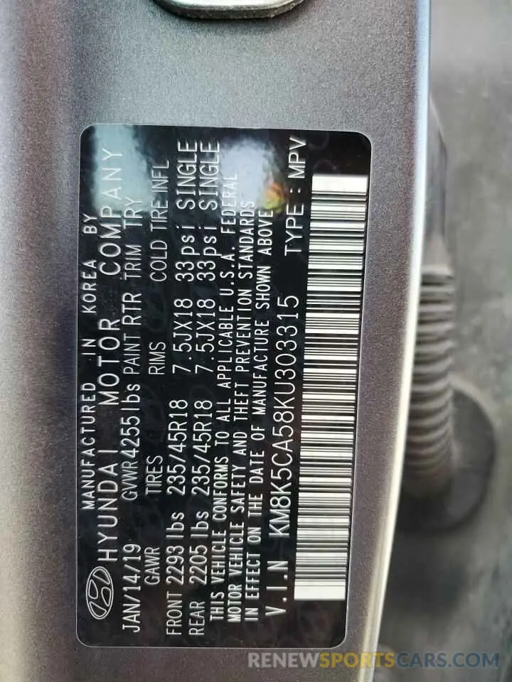 13 Photograph of a damaged car KM8K5CA58KU303315 HYUNDAI KONA 2019