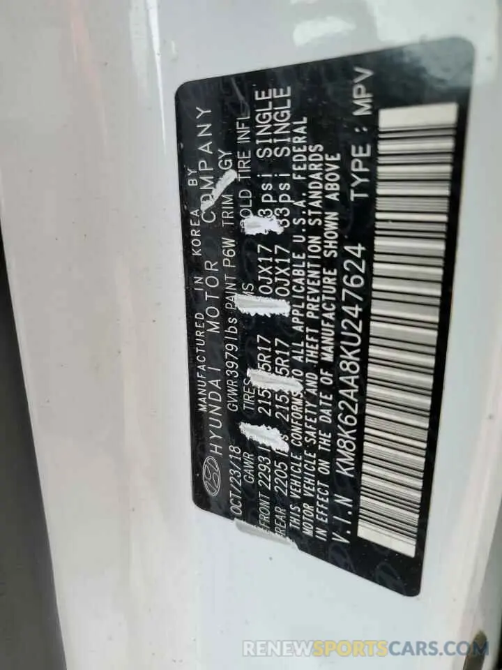 12 Photograph of a damaged car KM8K62AA8KU247624 HYUNDAI KONA 2019