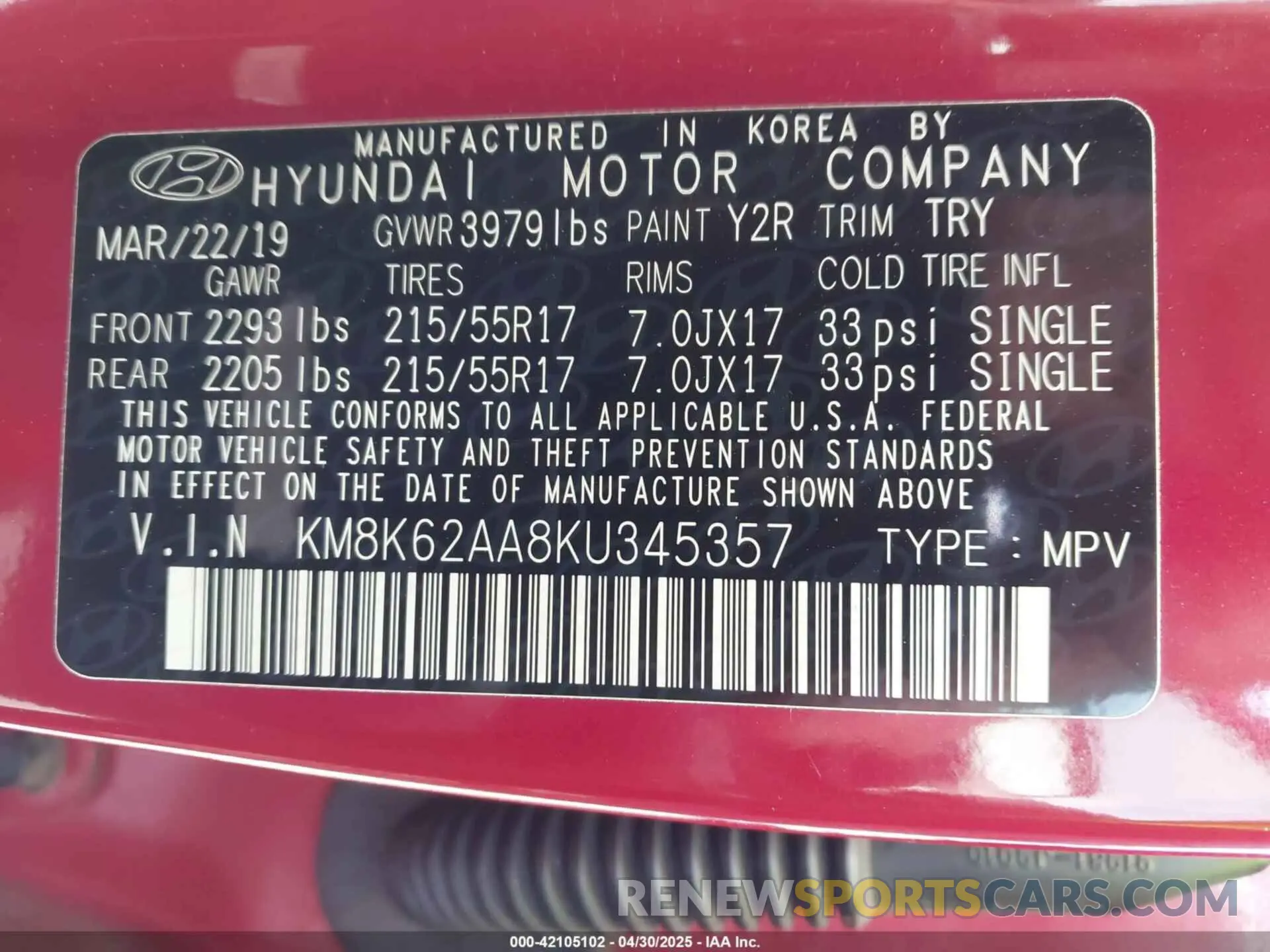 9 Photograph of a damaged car KM8K62AA8KU345357 HYUNDAI KONA 2019