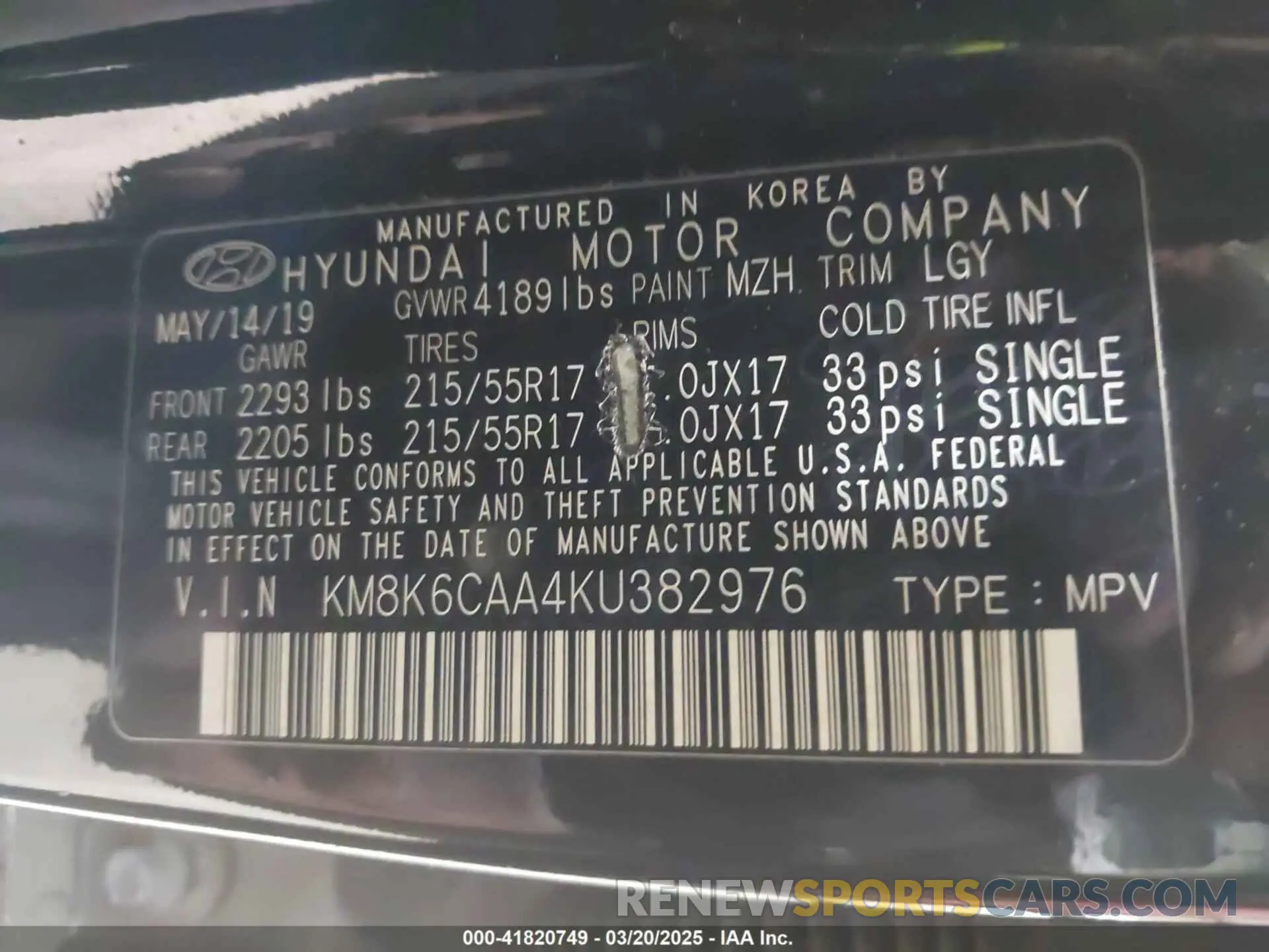9 Photograph of a damaged car KM8K6CAA4KU382976 HYUNDAI KONA 2019