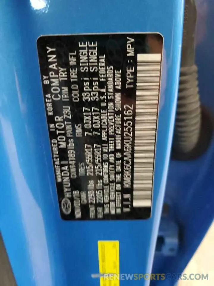 12 Photograph of a damaged car KM8K6CAA6KU255162 HYUNDAI KONA 2019