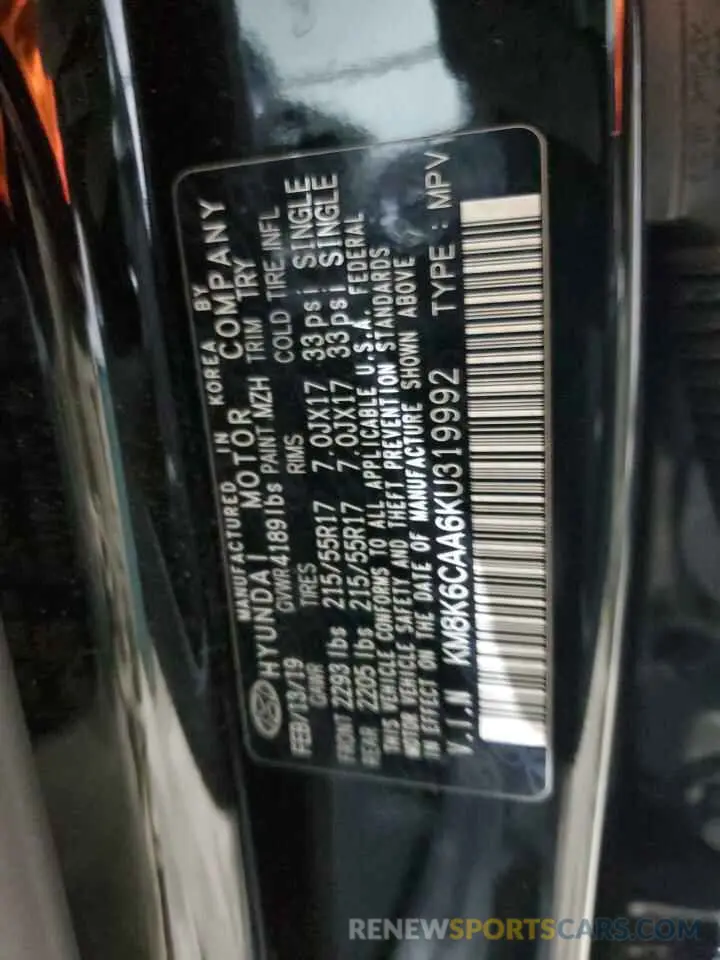 13 Photograph of a damaged car KM8K6CAA6KU319992 HYUNDAI KONA 2019