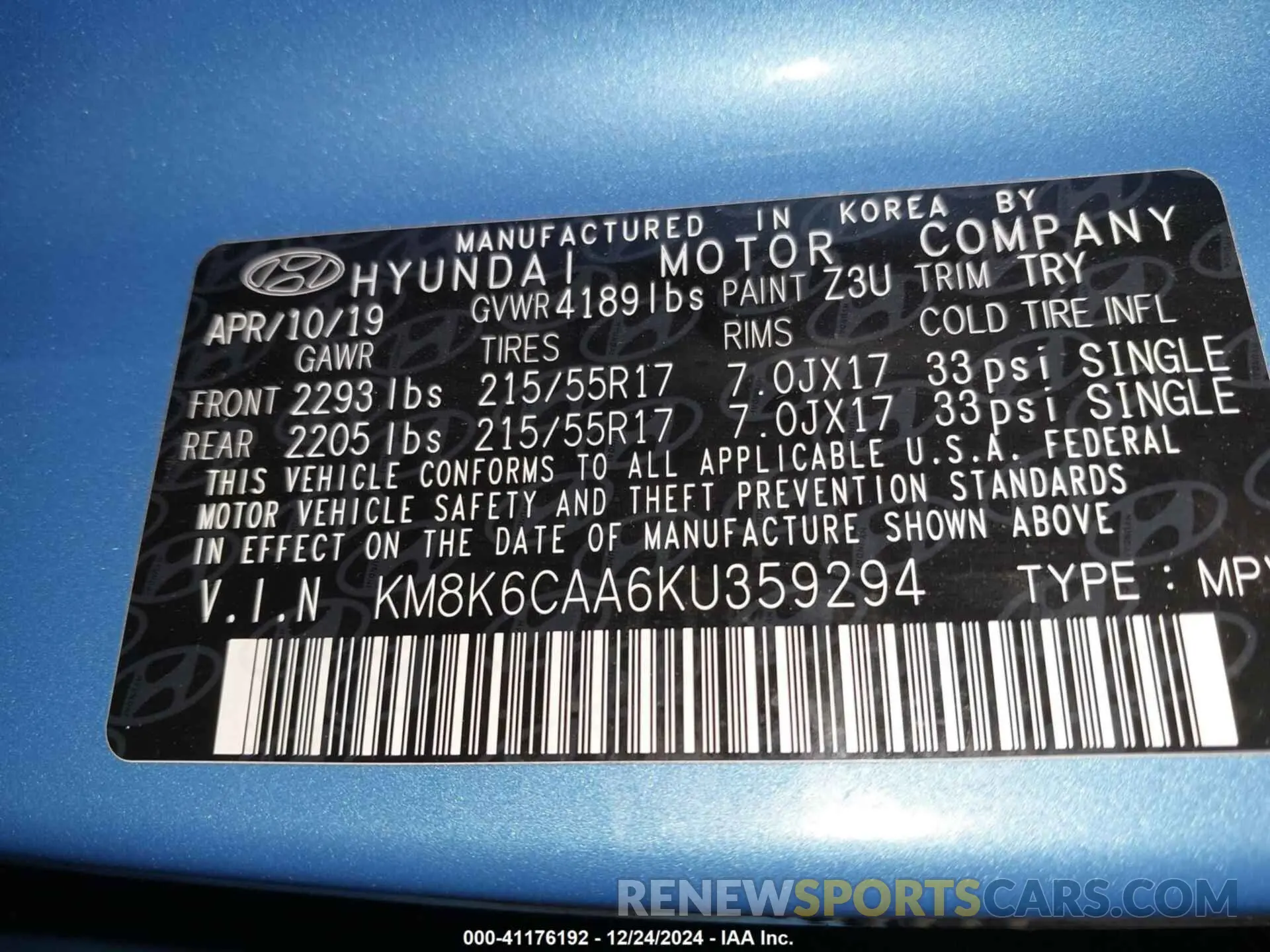 9 Photograph of a damaged car KM8K6CAA6KU359294 HYUNDAI KONA 2019