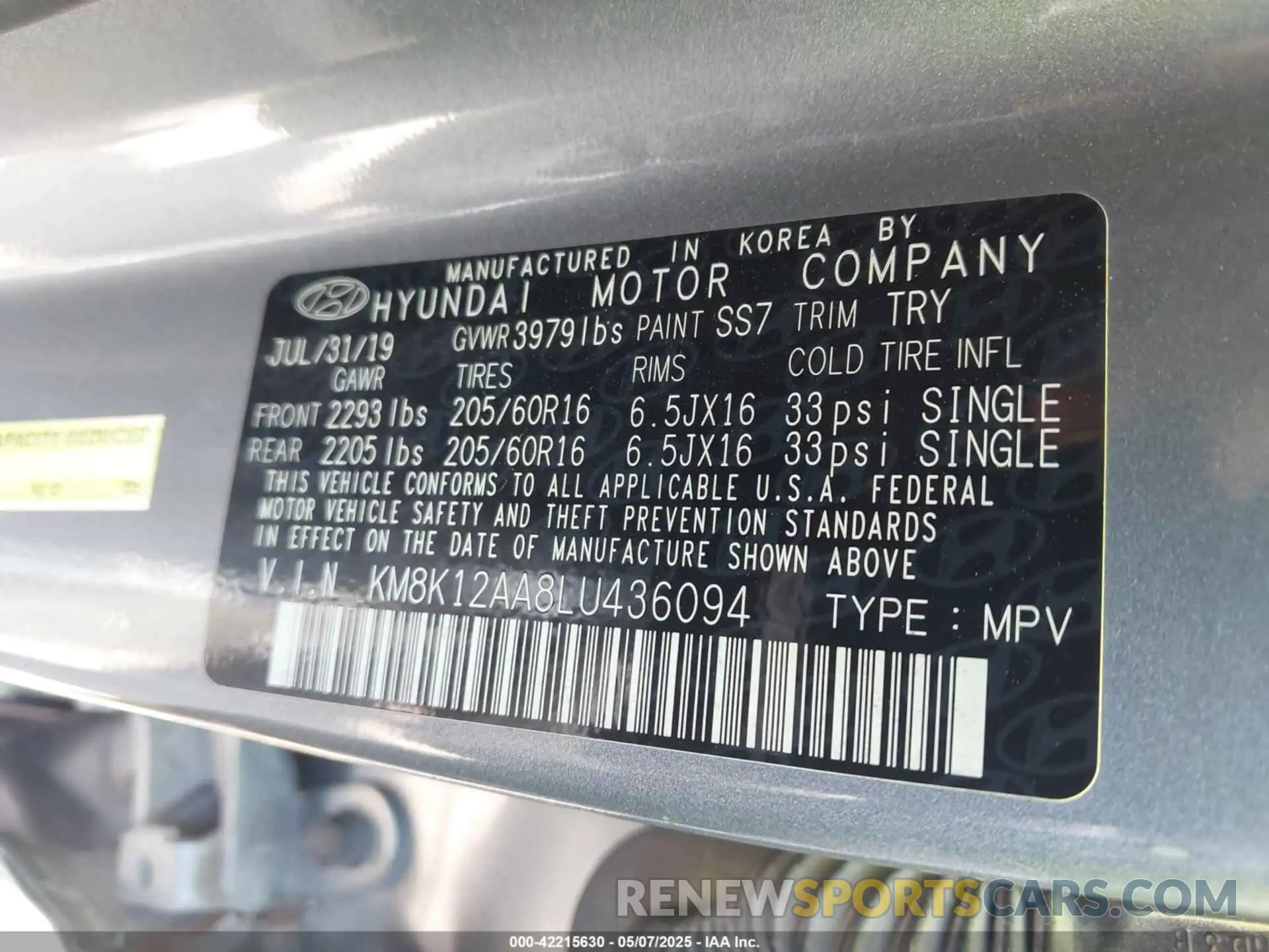 9 Photograph of a damaged car KM8K12AA8LU436094 HYUNDAI KONA 2020