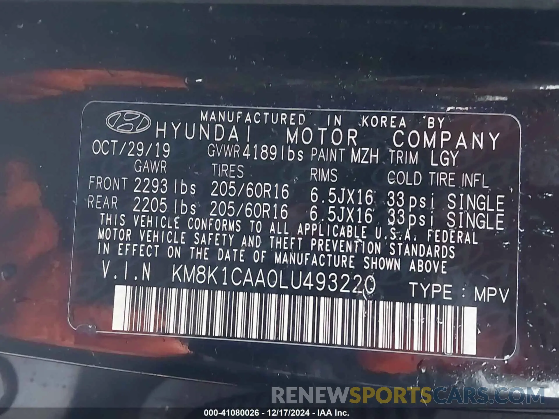 9 Photograph of a damaged car KM8K1CAA0LU493220 HYUNDAI KONA 2020