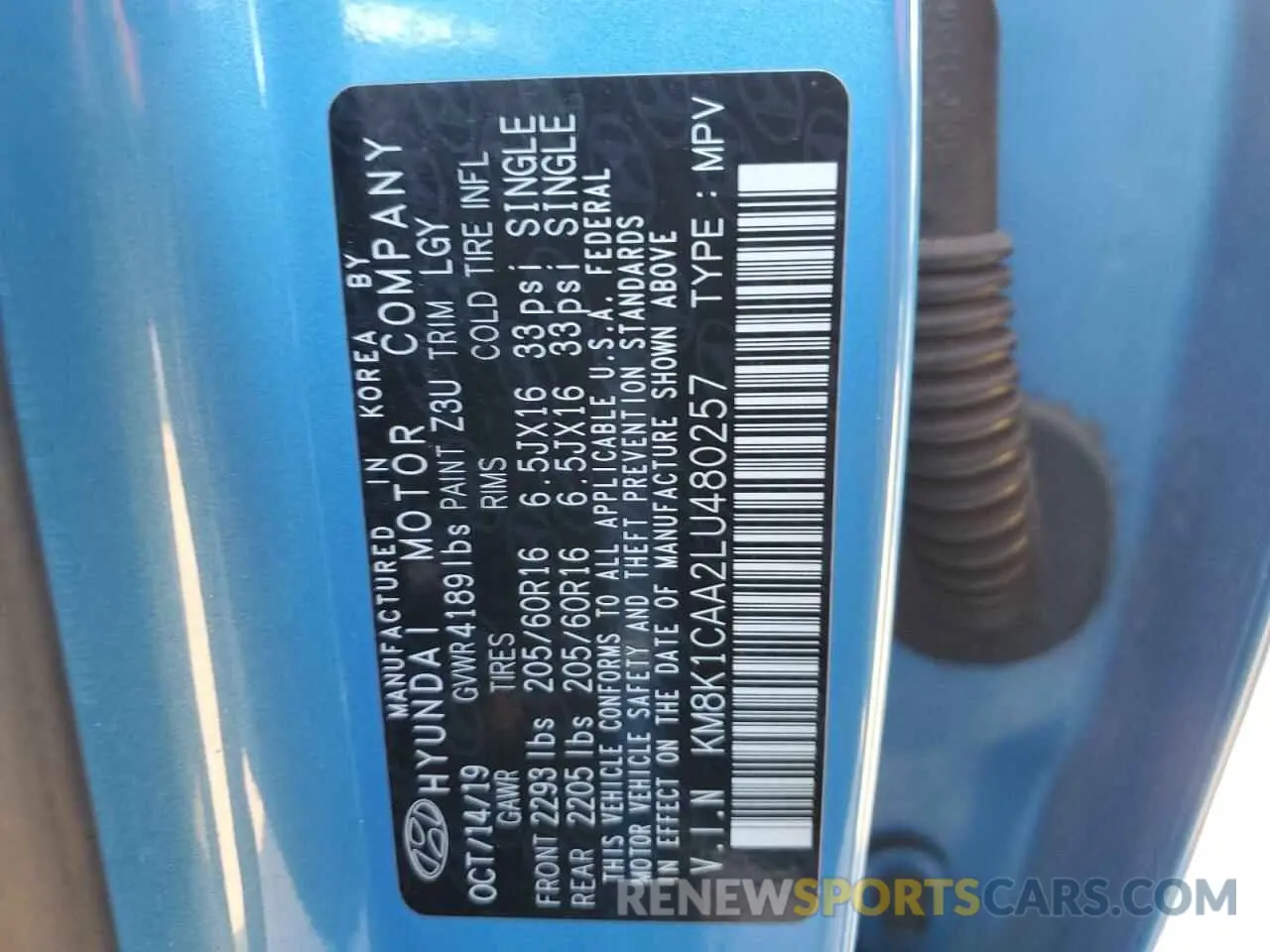 13 Photograph of a damaged car KM8K1CAA2LU480257 HYUNDAI KONA 2020