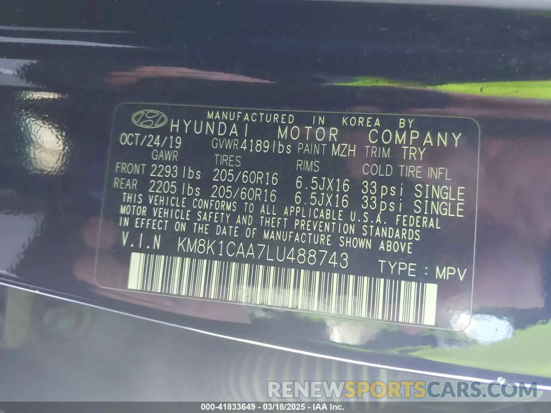 9 Photograph of a damaged car KM8K1CAA7LU488743 HYUNDAI KONA 2020