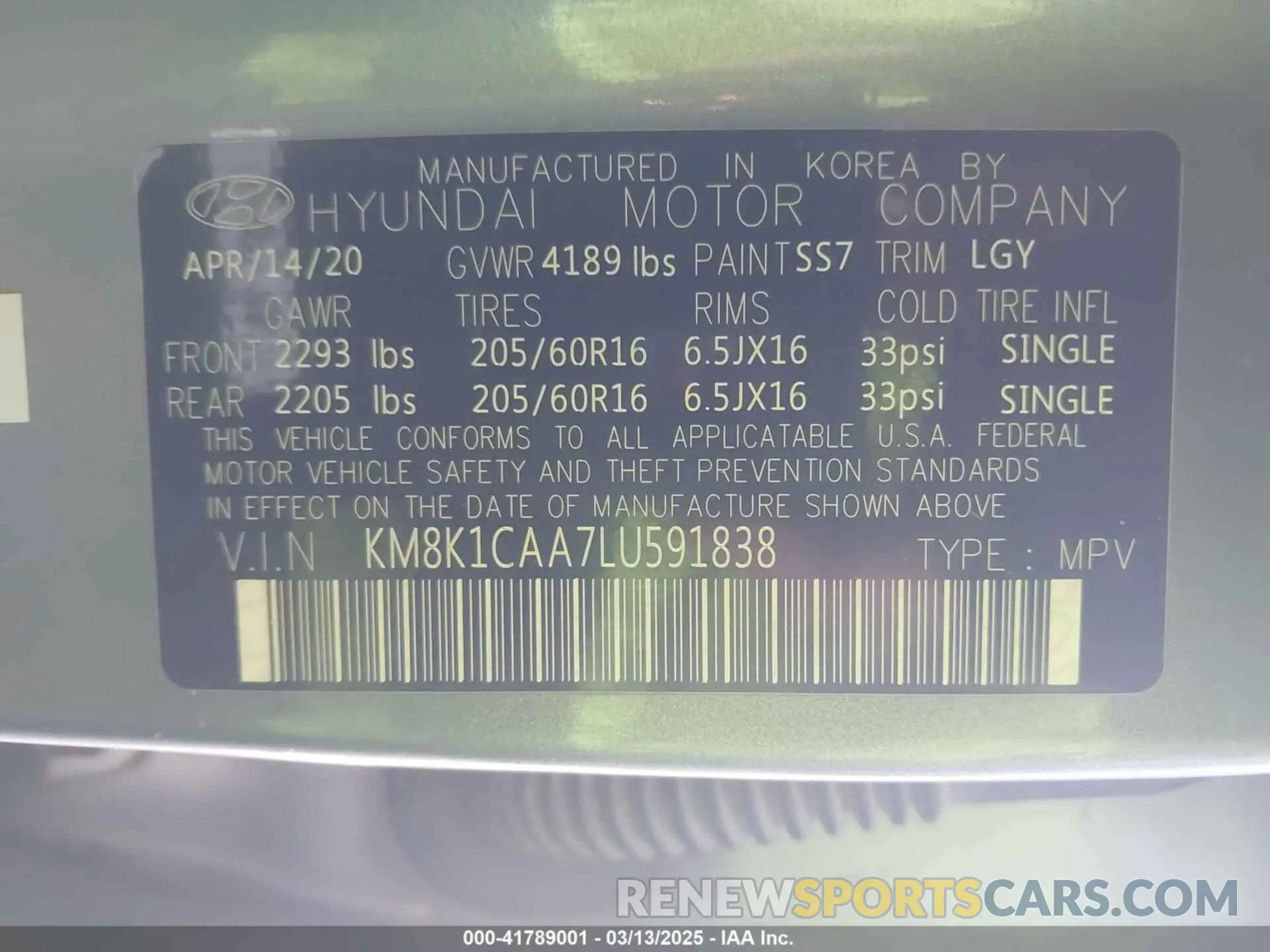 9 Photograph of a damaged car KM8K1CAA7LU591838 HYUNDAI KONA 2020