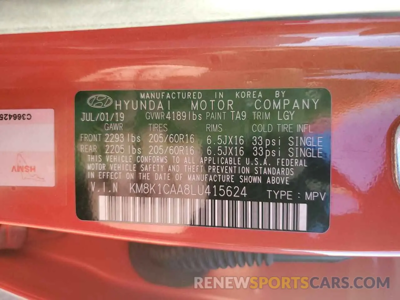 13 Photograph of a damaged car KM8K1CAA8LU415624 HYUNDAI KONA 2020
