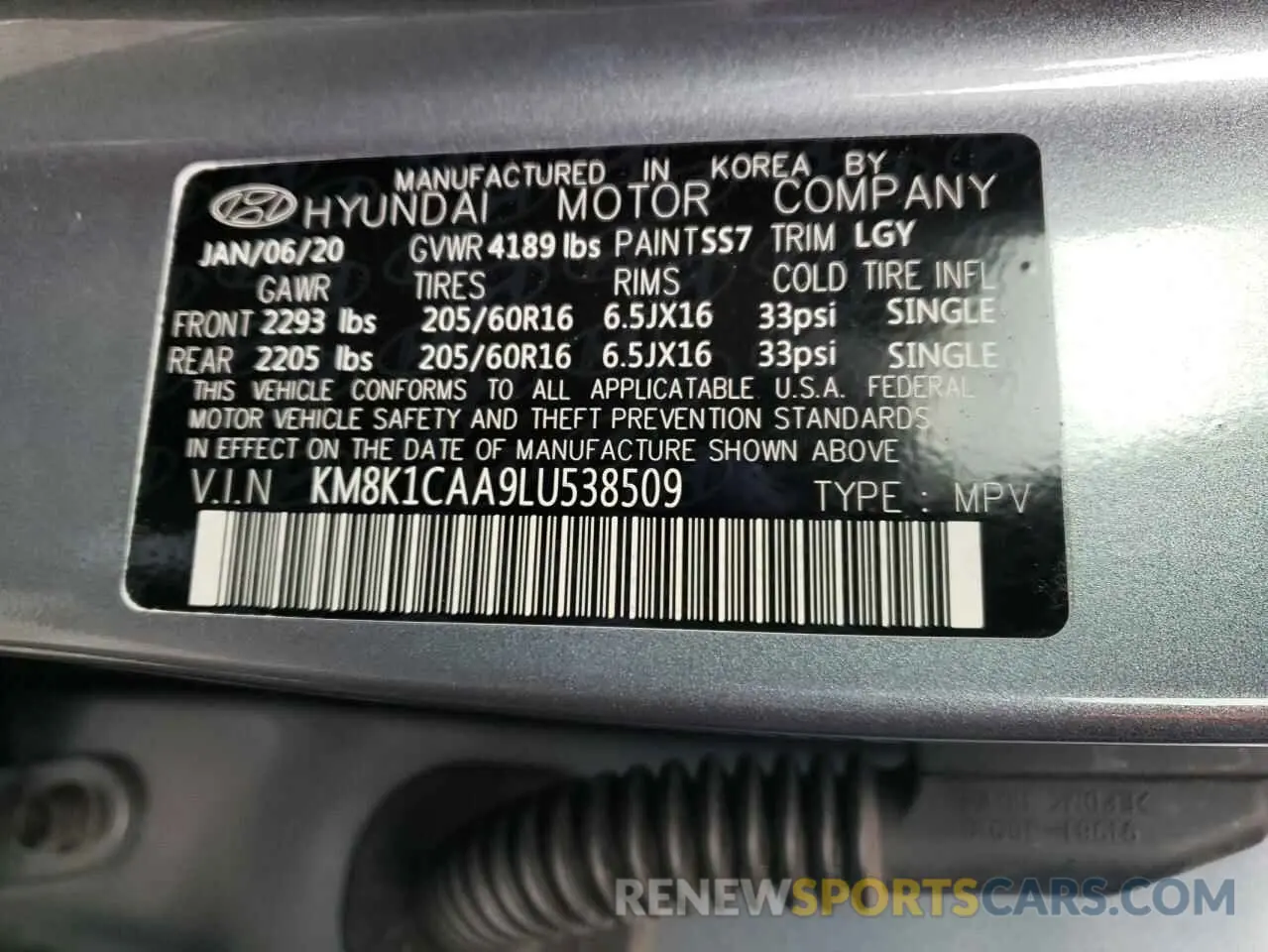 10 Photograph of a damaged car KM8K1CAA9LU538509 HYUNDAI KONA 2020