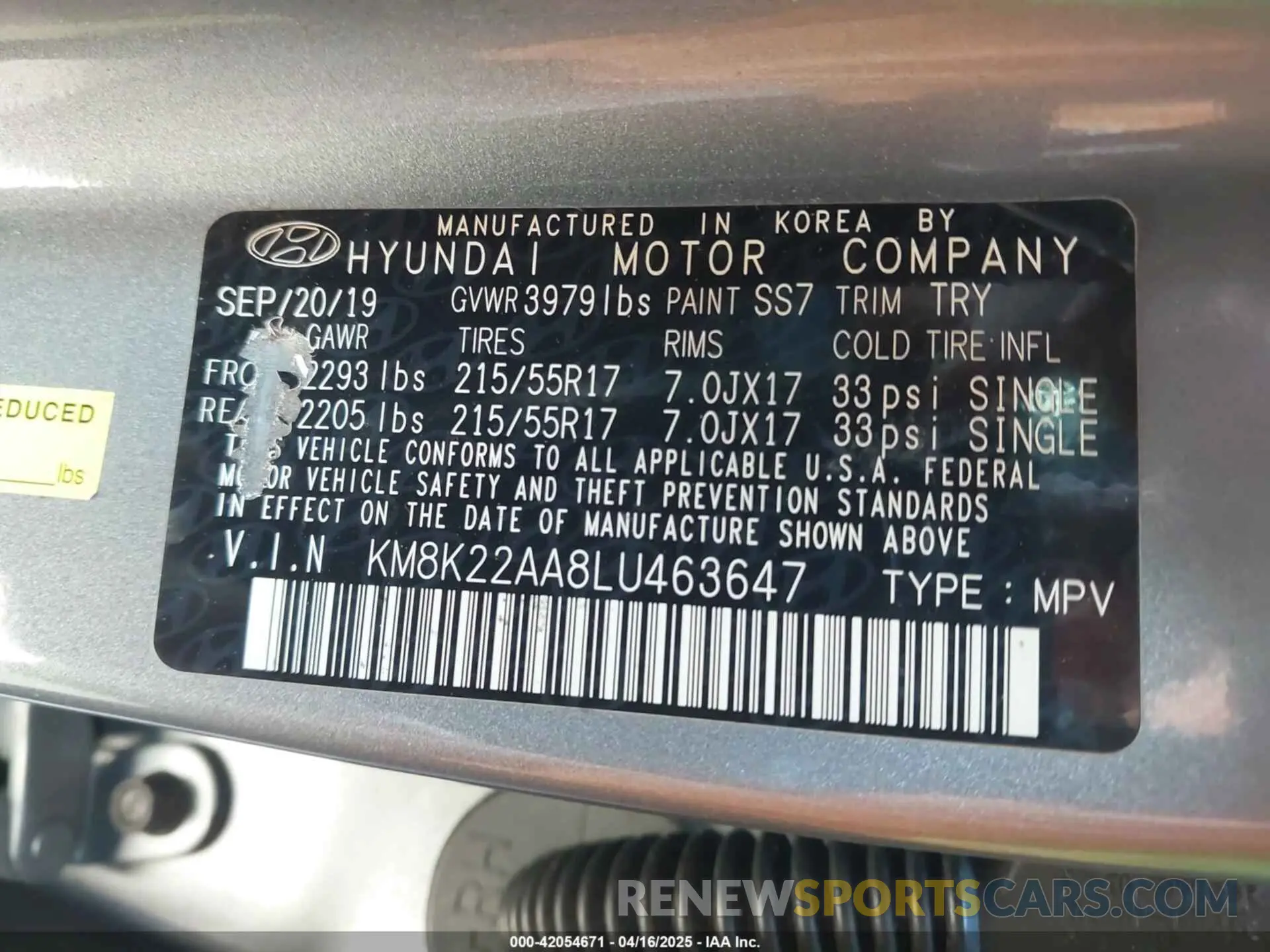 9 Photograph of a damaged car KM8K22AA8LU463647 HYUNDAI KONA 2020