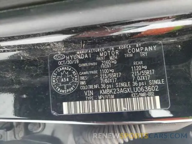 12 Photograph of a damaged car KM8K23AGXLU063602 HYUNDAI KONA 2020