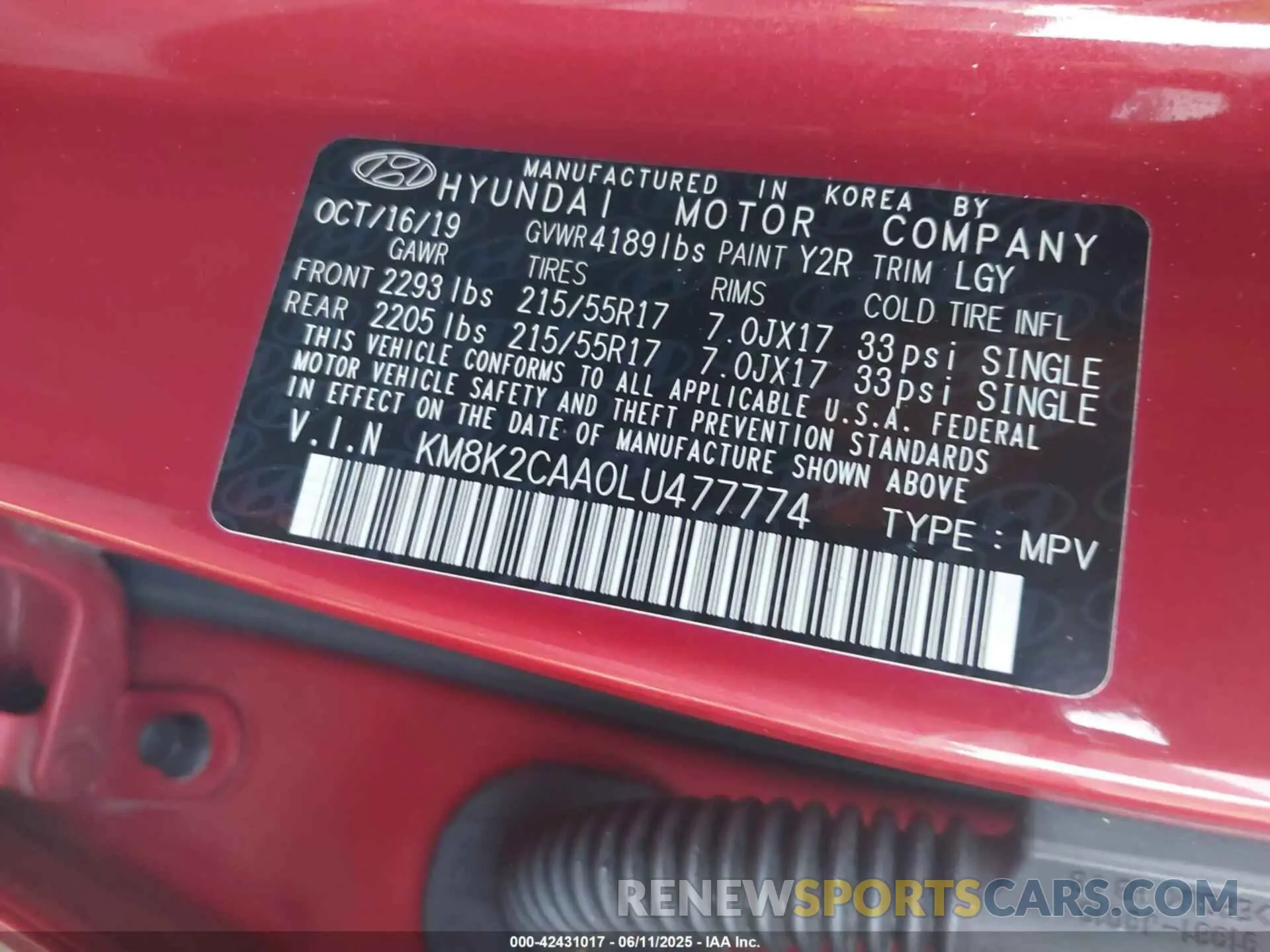 9 Photograph of a damaged car KM8K2CAA0LU477774 HYUNDAI KONA 2020