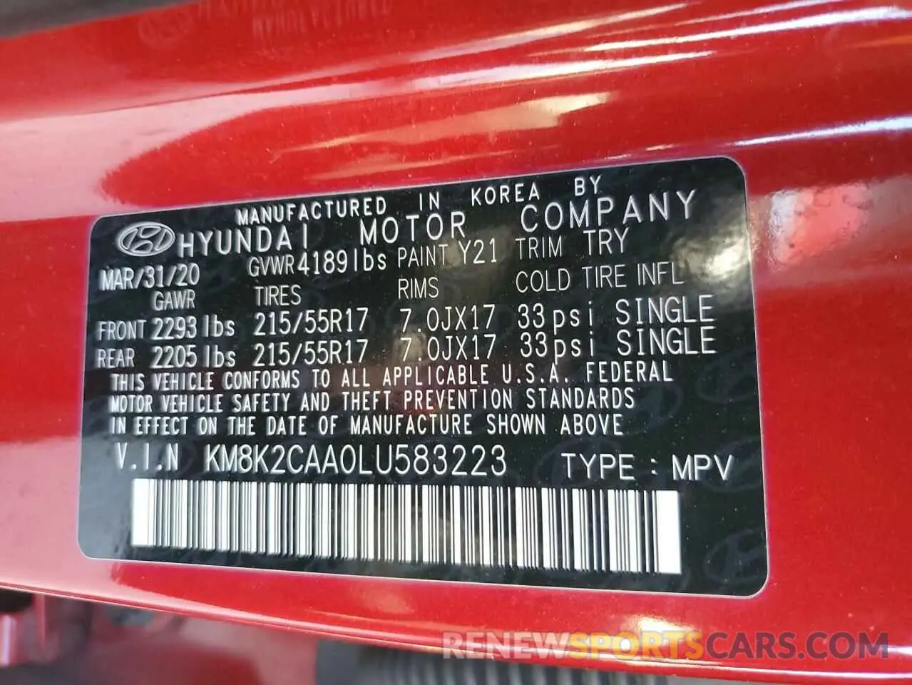 15 Photograph of a damaged car KM8K2CAA0LU583223 HYUNDAI KONA 2020