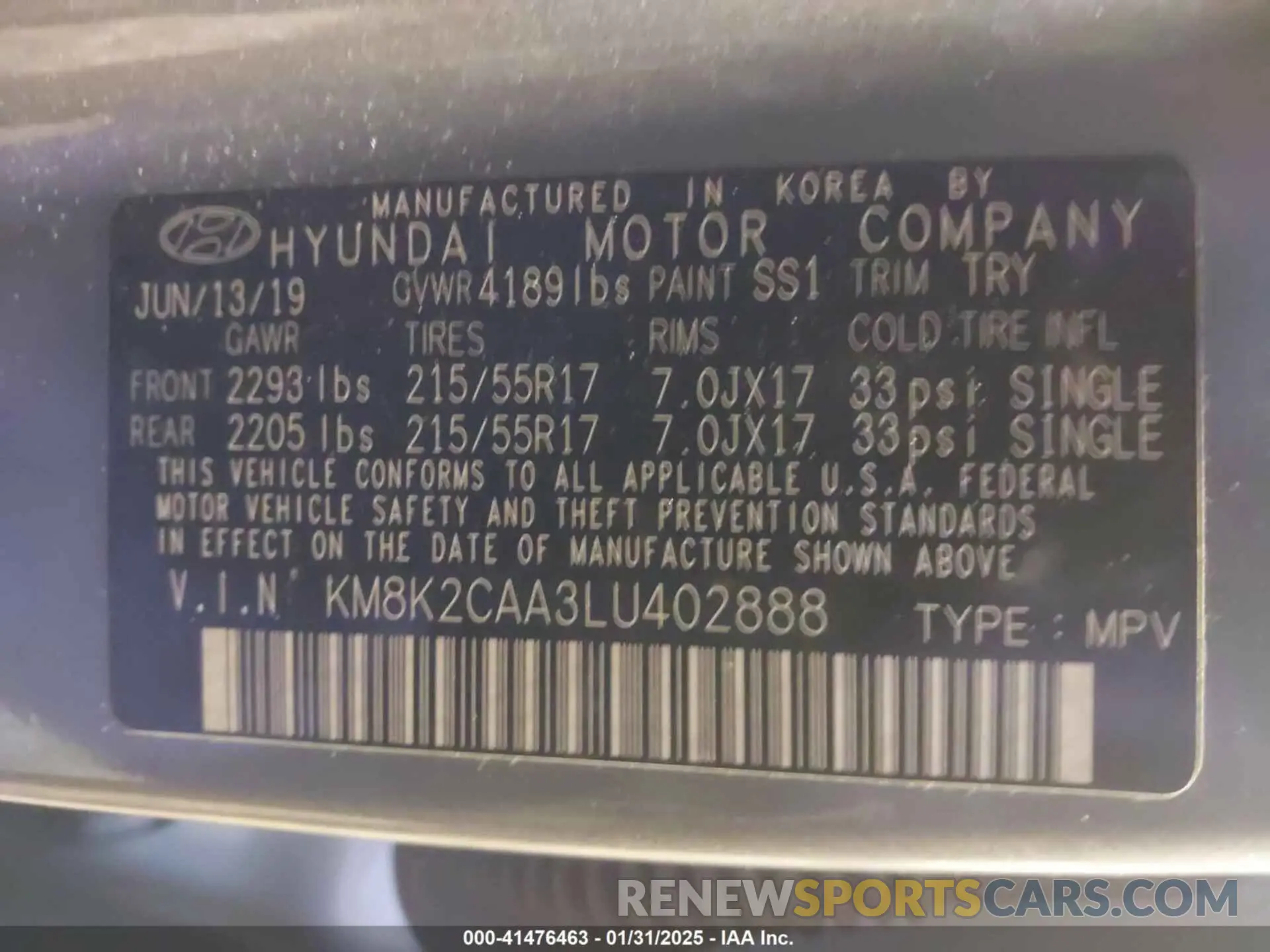 9 Photograph of a damaged car KM8K2CAA3LU402888 HYUNDAI KONA 2020