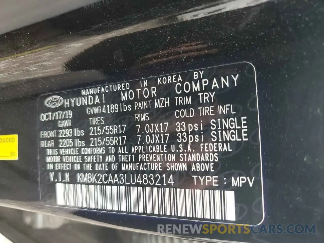 12 Photograph of a damaged car KM8K2CAA3LU483214 HYUNDAI KONA 2020
