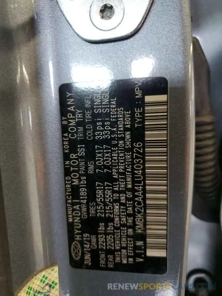 13 Photograph of a damaged car KM8K2CAA4LU403726 HYUNDAI KONA 2020