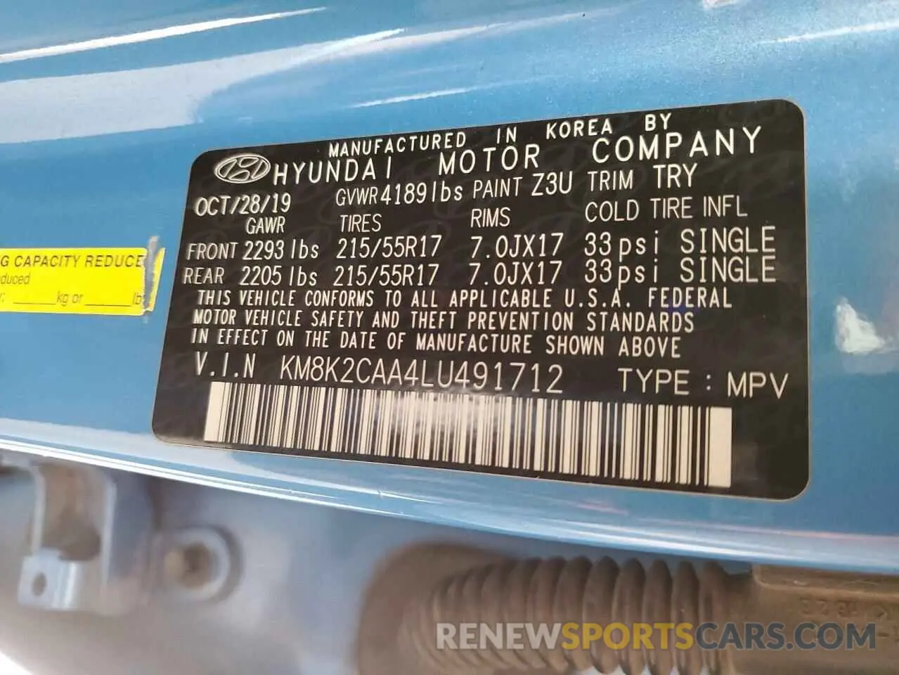 13 Photograph of a damaged car KM8K2CAA4LU491712 HYUNDAI KONA 2020