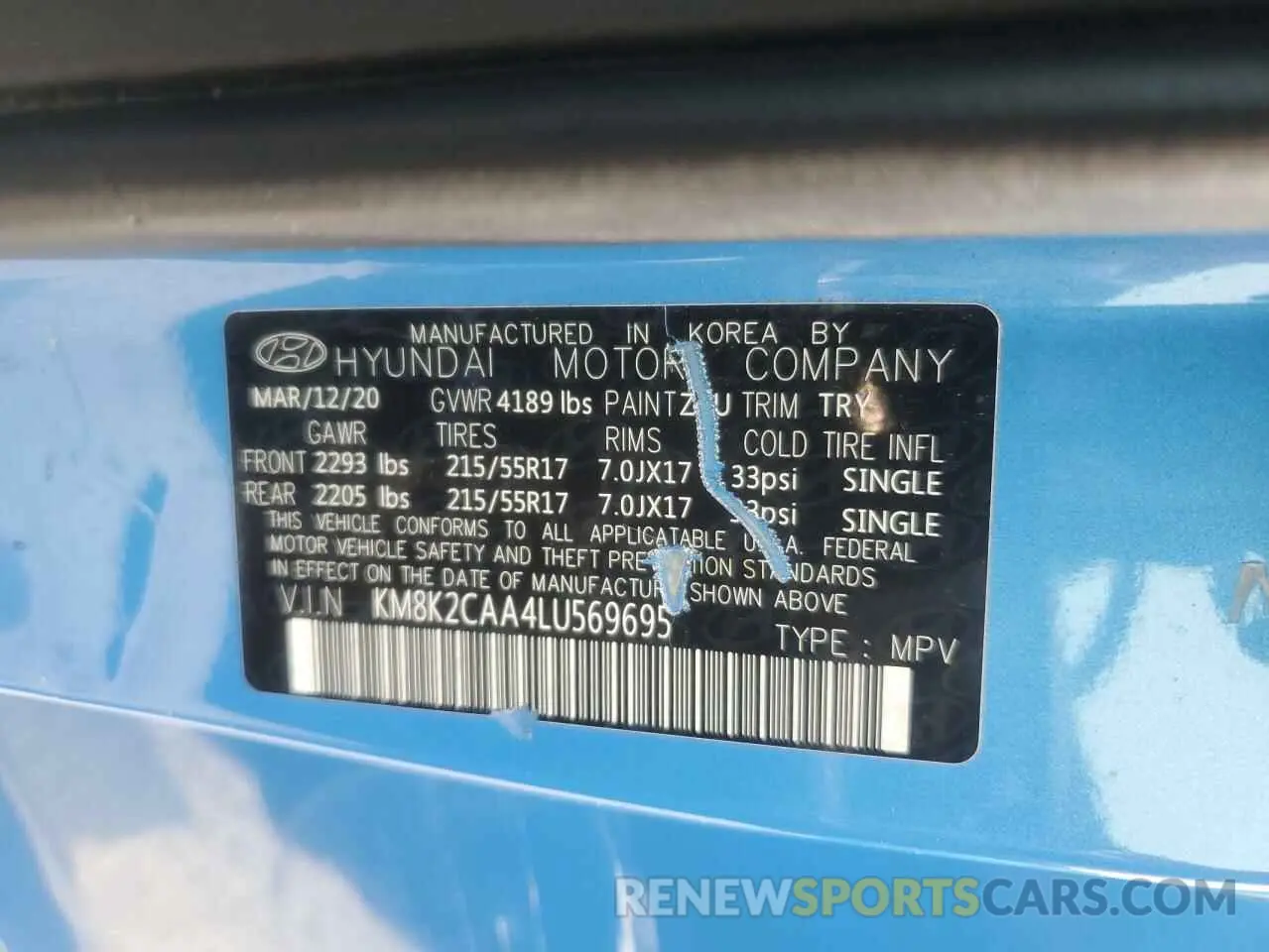 13 Photograph of a damaged car KM8K2CAA4LU569695 HYUNDAI KONA 2020