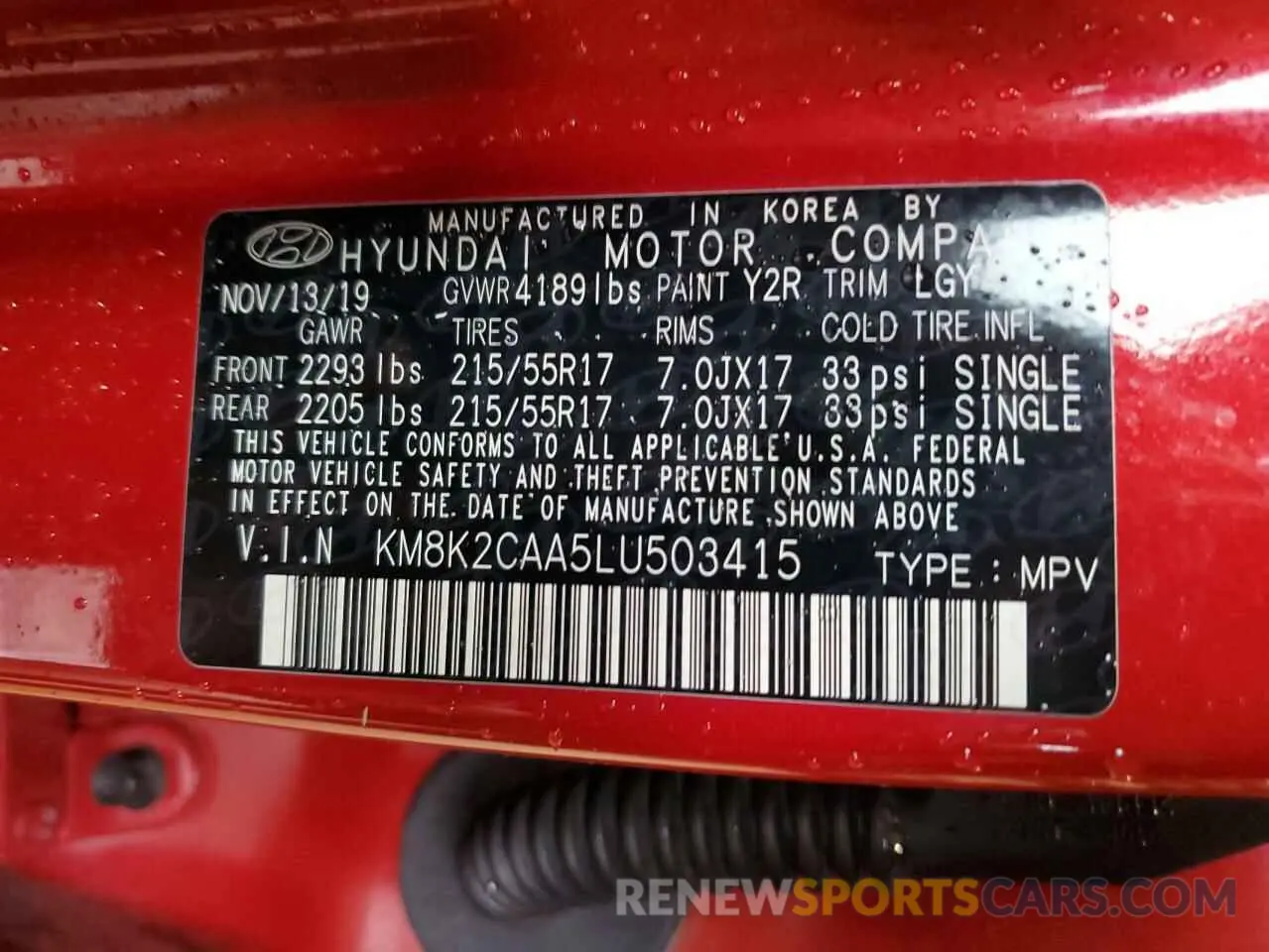 13 Photograph of a damaged car KM8K2CAA5LU503415 HYUNDAI KONA 2020