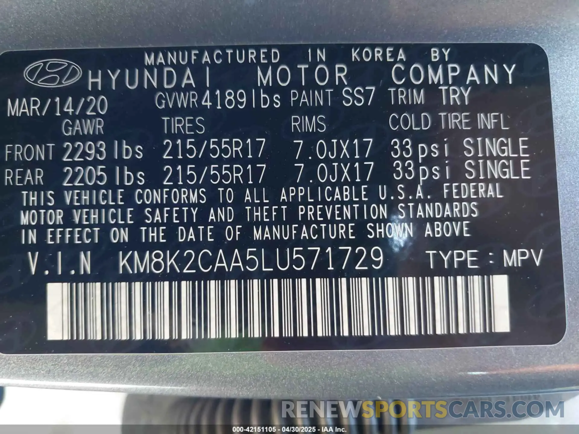 9 Photograph of a damaged car KM8K2CAA5LU571729 HYUNDAI KONA 2020