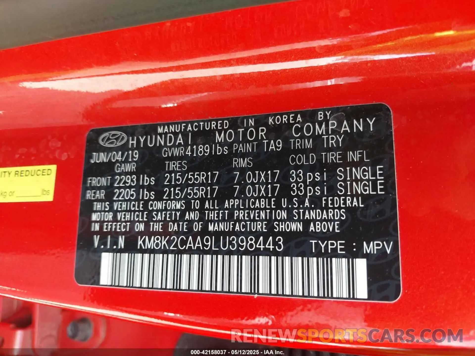 9 Photograph of a damaged car KM8K2CAA9LU398443 HYUNDAI KONA 2020