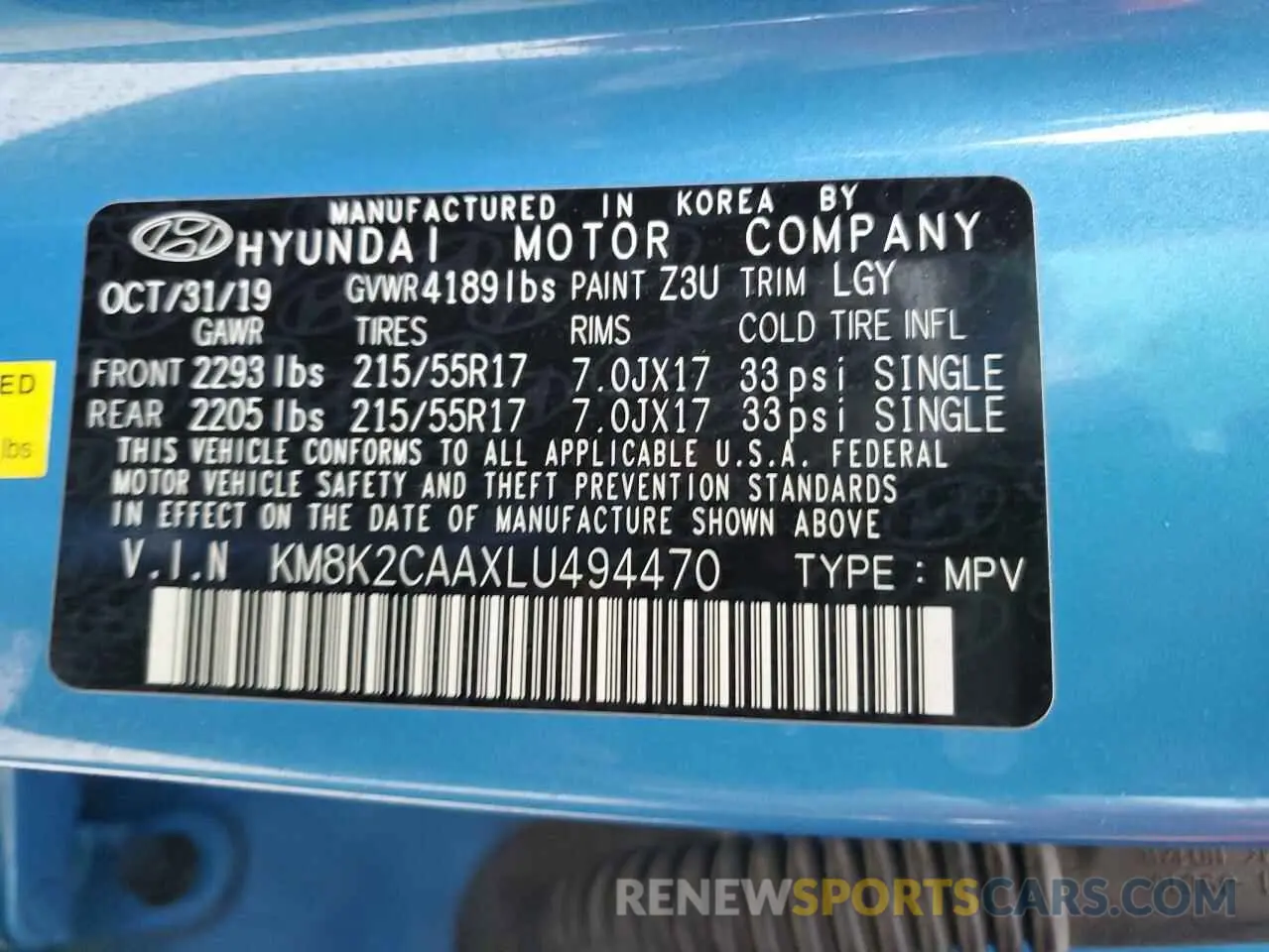 14 Photograph of a damaged car KM8K2CAAXLU494470 HYUNDAI KONA 2020