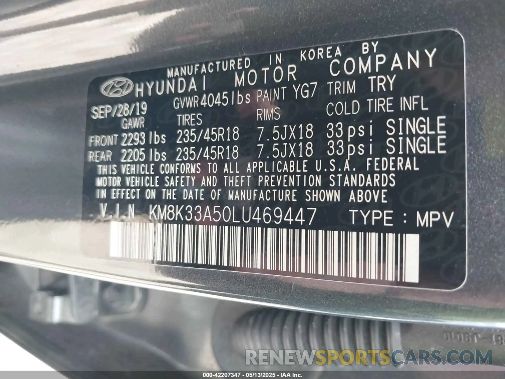 9 Photograph of a damaged car KM8K33A50LU469447 HYUNDAI KONA 2020