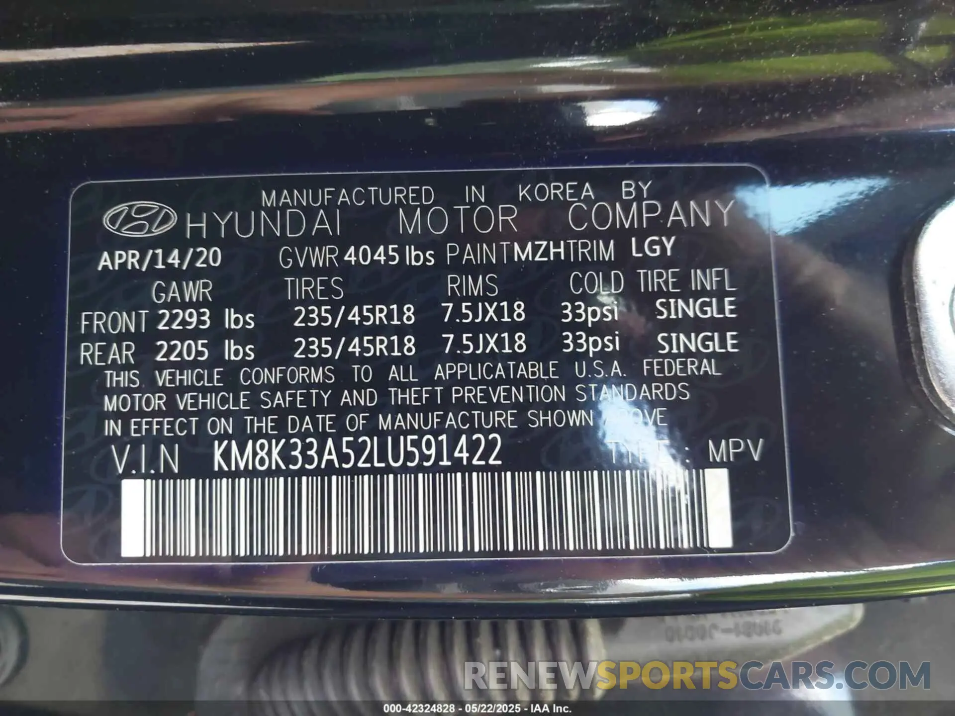 9 Photograph of a damaged car KM8K33A52LU591422 HYUNDAI KONA 2020