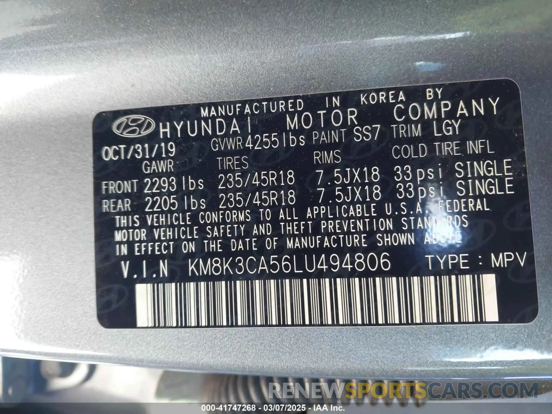 9 Photograph of a damaged car KM8K3CA56LU494806 HYUNDAI KONA 2020