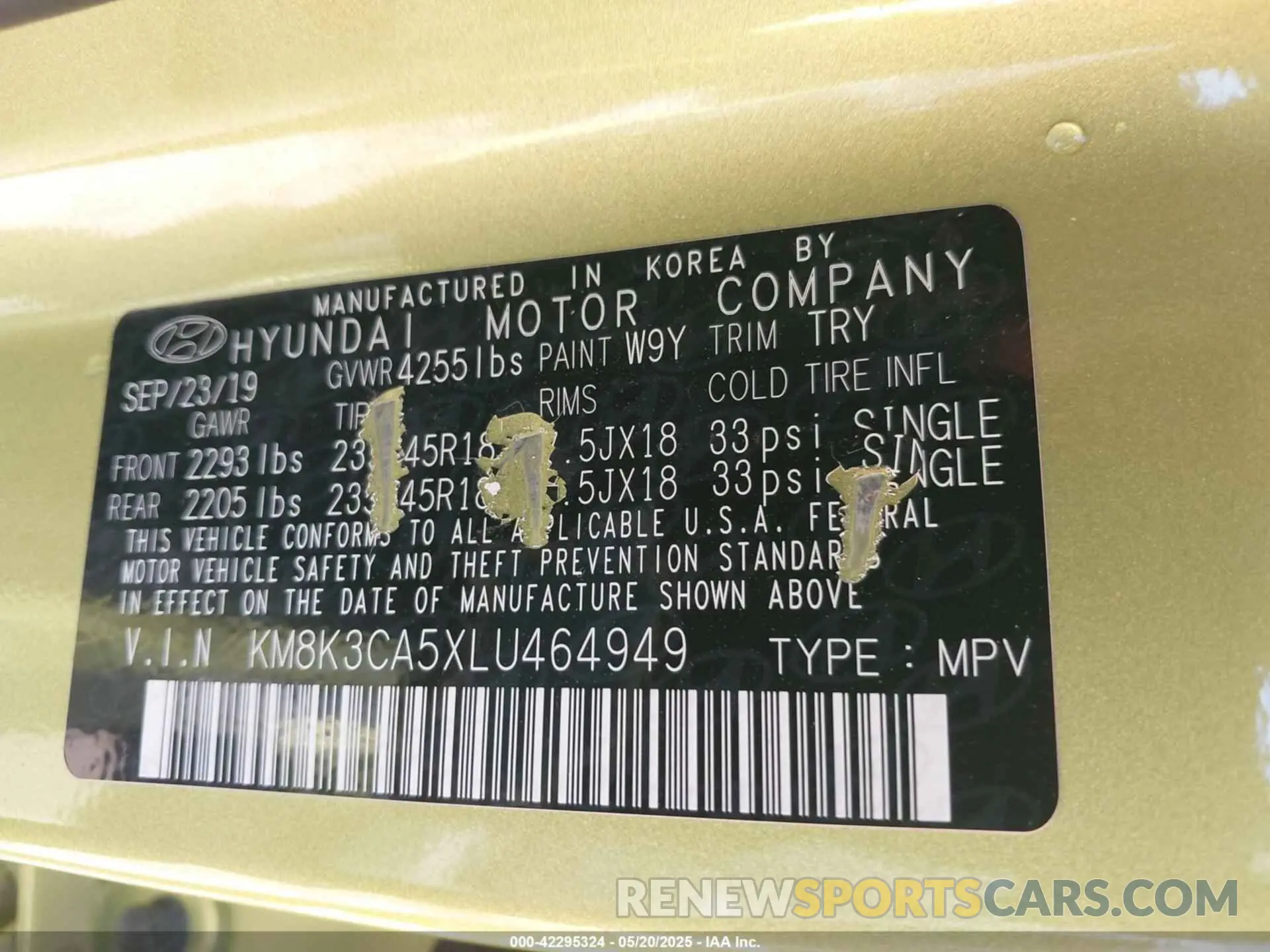 9 Photograph of a damaged car KM8K3CA5XLU464949 HYUNDAI KONA 2020