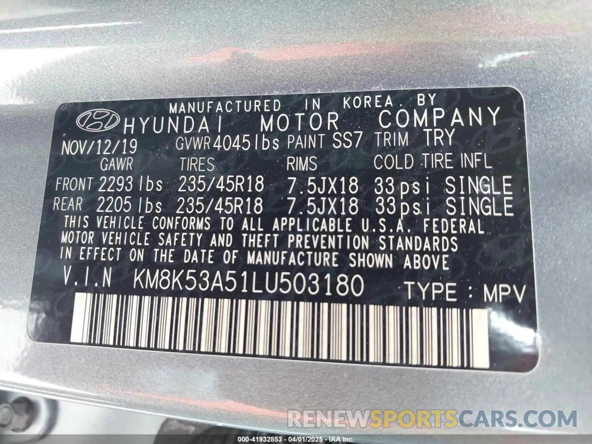 9 Photograph of a damaged car KM8K53A51LU503180 HYUNDAI KONA 2020
