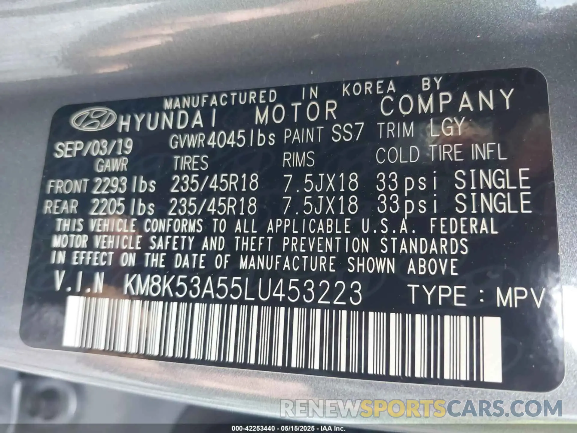 9 Photograph of a damaged car KM8K53A55LU453223 HYUNDAI KONA 2020