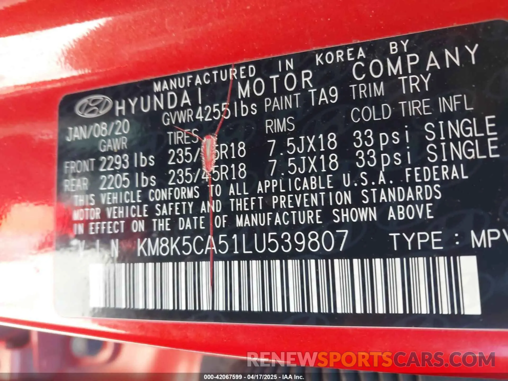 9 Photograph of a damaged car KM8K5CA51LU539807 HYUNDAI KONA 2020