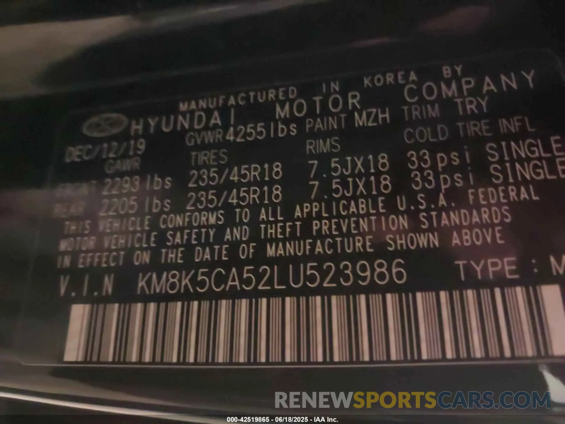 9 Photograph of a damaged car KM8K5CA52LU523986 HYUNDAI KONA 2020
