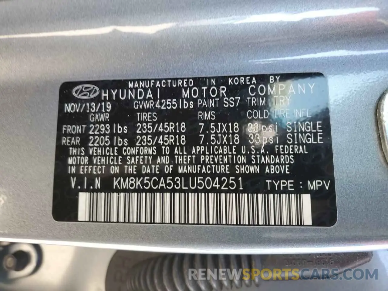 14 Photograph of a damaged car KM8K5CA53LU504251 HYUNDAI KONA 2020