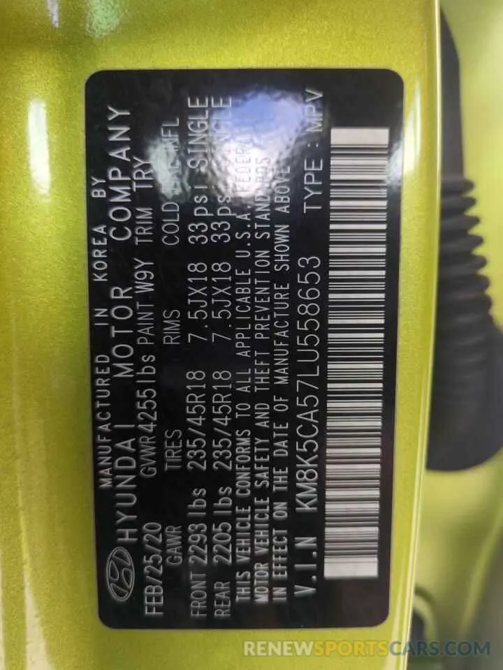 12 Photograph of a damaged car KM8K5CA57LU558653 HYUNDAI KONA 2020