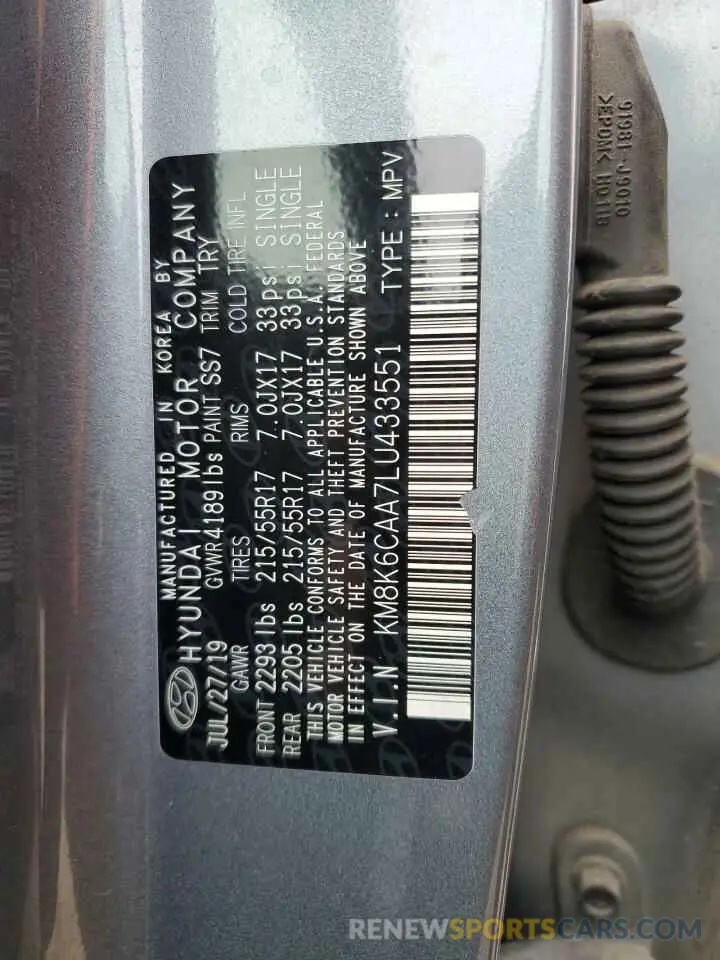 13 Photograph of a damaged car KM8K6CAA7LU433551 HYUNDAI KONA 2020
