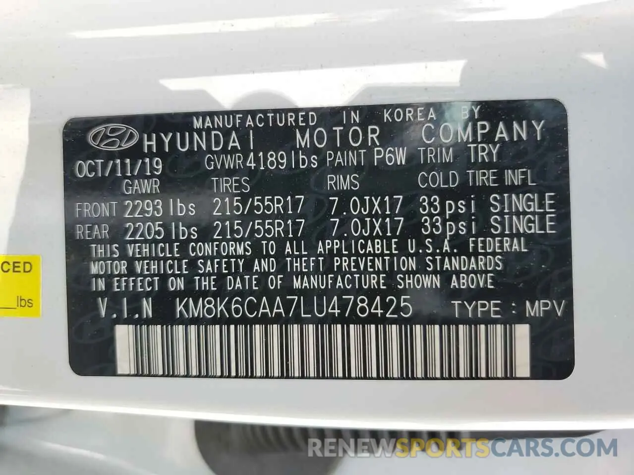 13 Photograph of a damaged car KM8K6CAA7LU478425 HYUNDAI KONA 2020