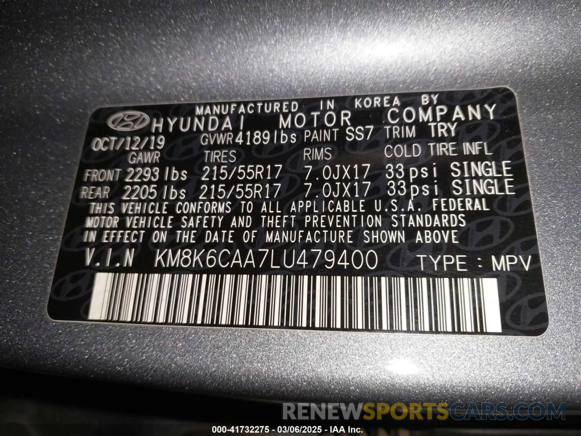 9 Photograph of a damaged car KM8K6CAA7LU479400 HYUNDAI KONA 2020