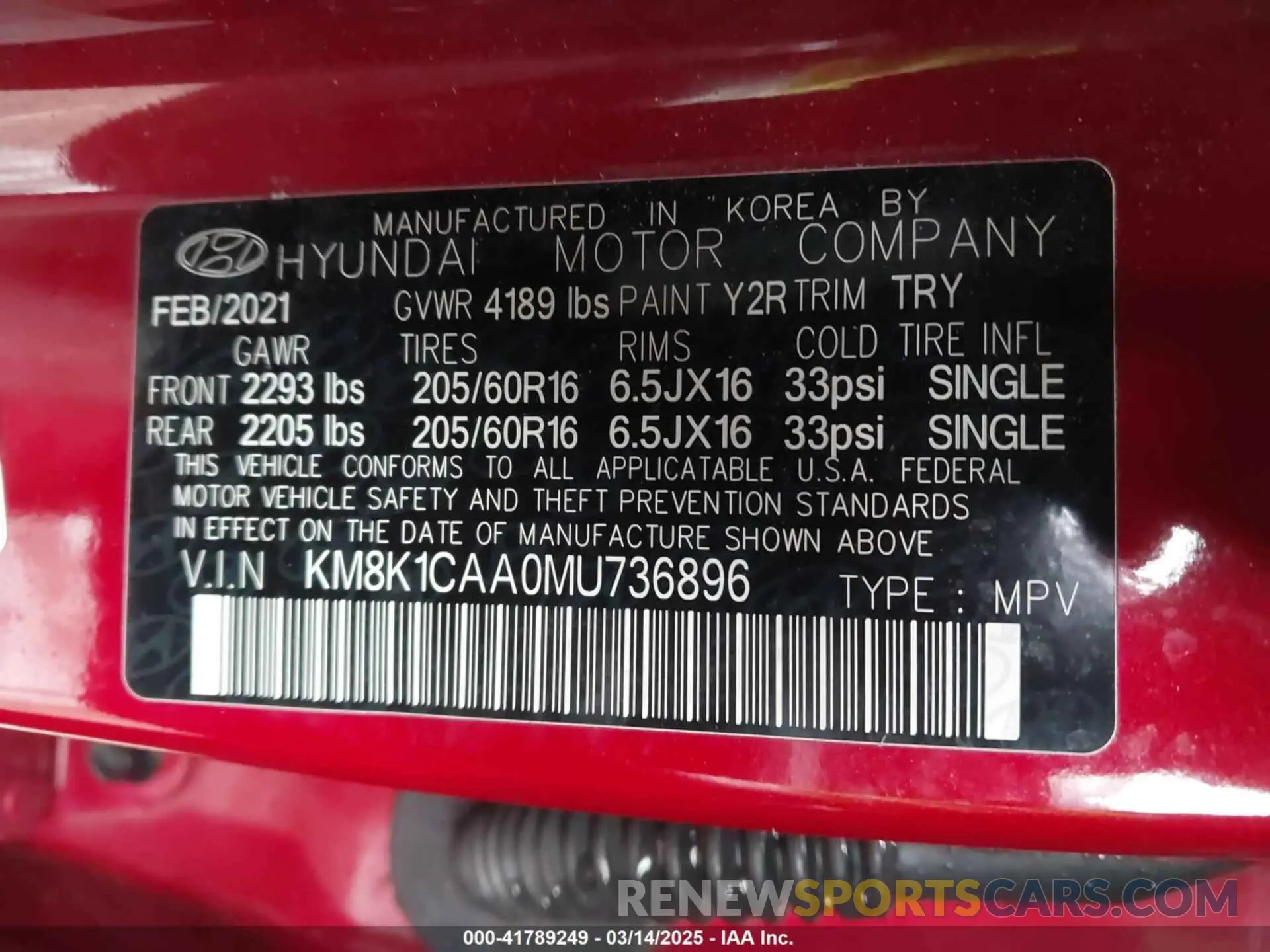 9 Photograph of a damaged car KM8K1CAA0MU736896 HYUNDAI KONA 2021