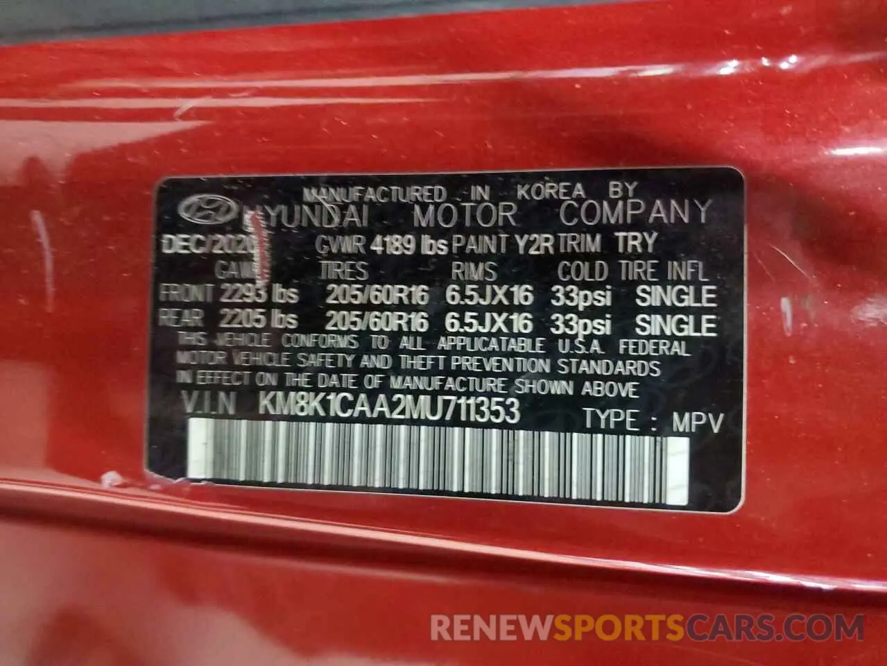 12 Photograph of a damaged car KM8K1CAA2MU711353 HYUNDAI KONA 2021