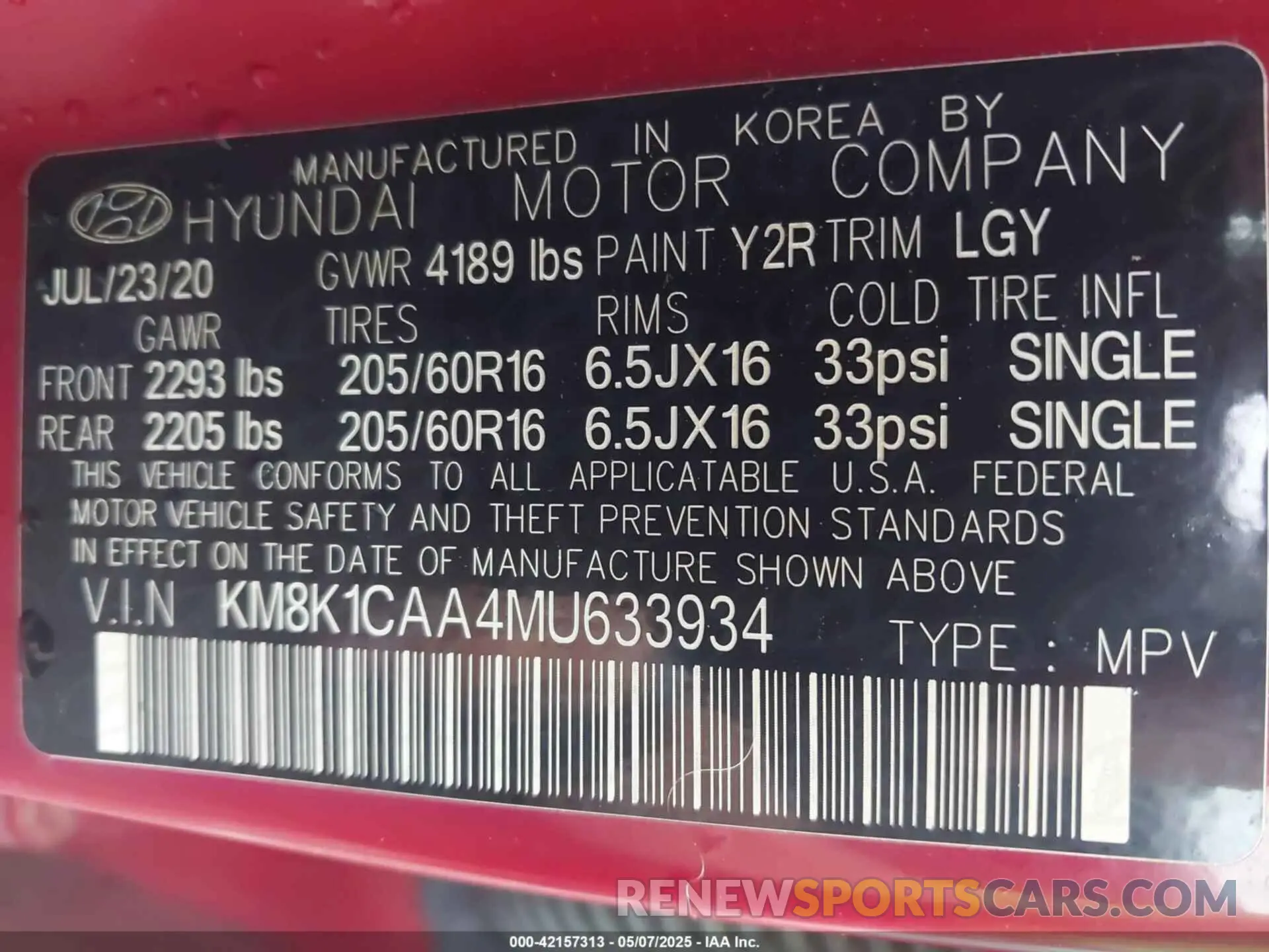 9 Photograph of a damaged car KM8K1CAA4MU633934 HYUNDAI KONA 2021