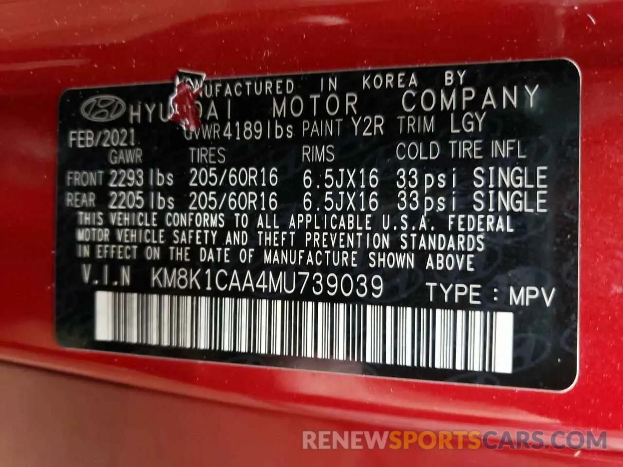 15 Photograph of a damaged car KM8K1CAA4MU739039 HYUNDAI KONA 2021