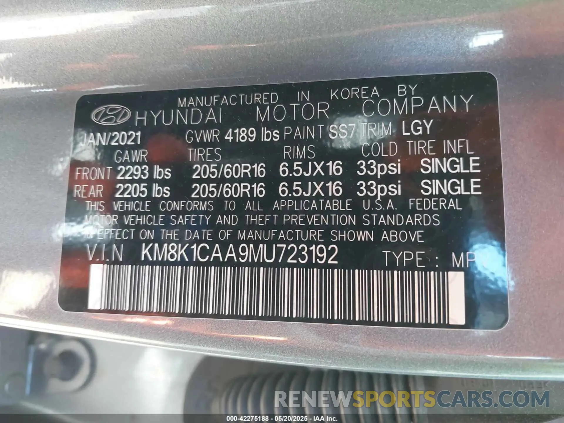 9 Photograph of a damaged car KM8K1CAA9MU723192 HYUNDAI KONA 2021