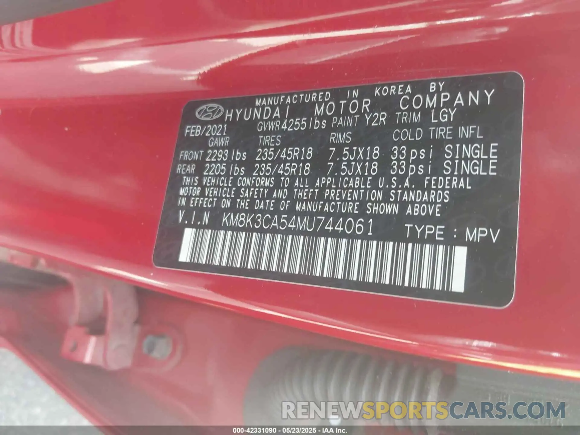 9 Photograph of a damaged car KM8K3CA54MU744061 HYUNDAI KONA 2021