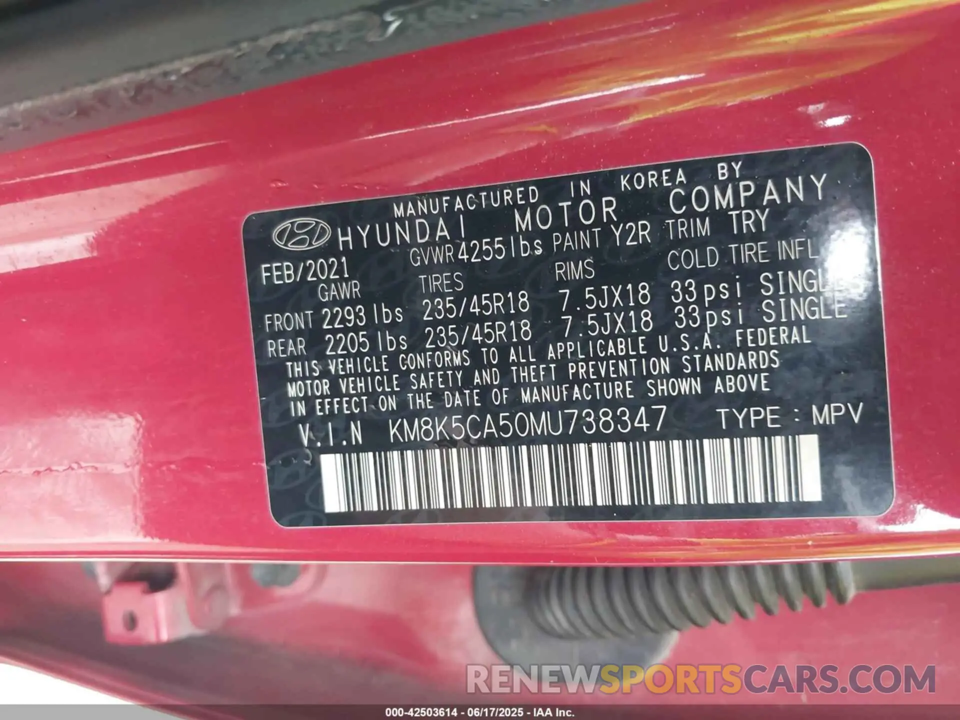9 Photograph of a damaged car KM8K5CA50MU738347 HYUNDAI KONA 2021