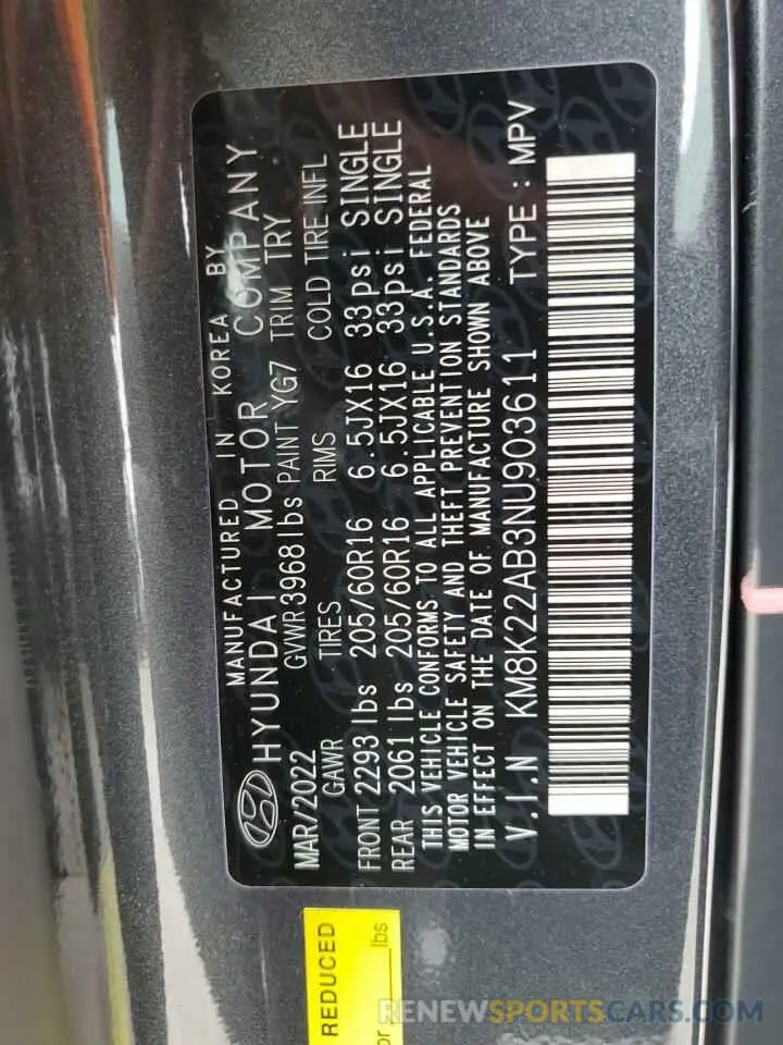 13 Photograph of a damaged car KM8K22AB3NU903611 HYUNDAI KONA 2022