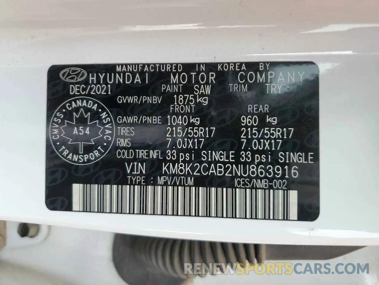 14 Photograph of a damaged car KM8K2CAB2NU863916 HYUNDAI KONA 2022