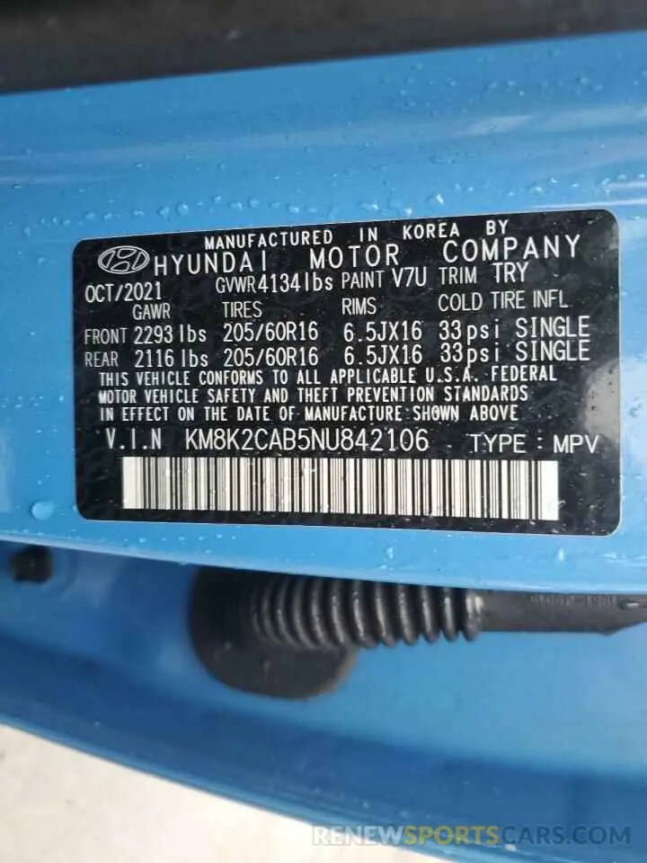 13 Photograph of a damaged car KM8K2CAB5NU842106 HYUNDAI KONA 2022